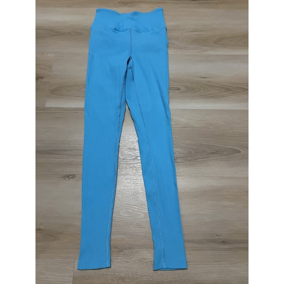 Year Of Ours Ribbed Leggings Small High Crossover Waist Activewear Teal Aqua - Picture 1 of 7